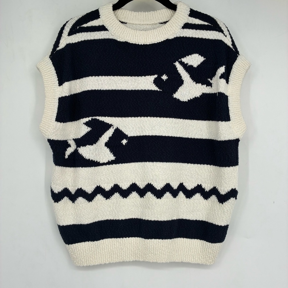 Anthropologie Maeve Crewneck Fish Motif Sweater Vest Cream Blue Large Sardine - Picture 7 of 13